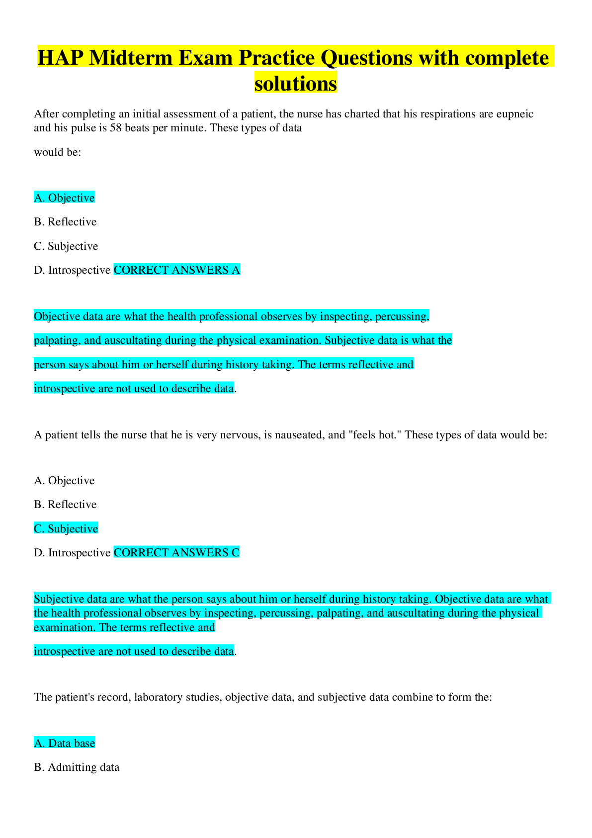 Preview image for HAP Midterm Exam Practice Questions with complete solutions